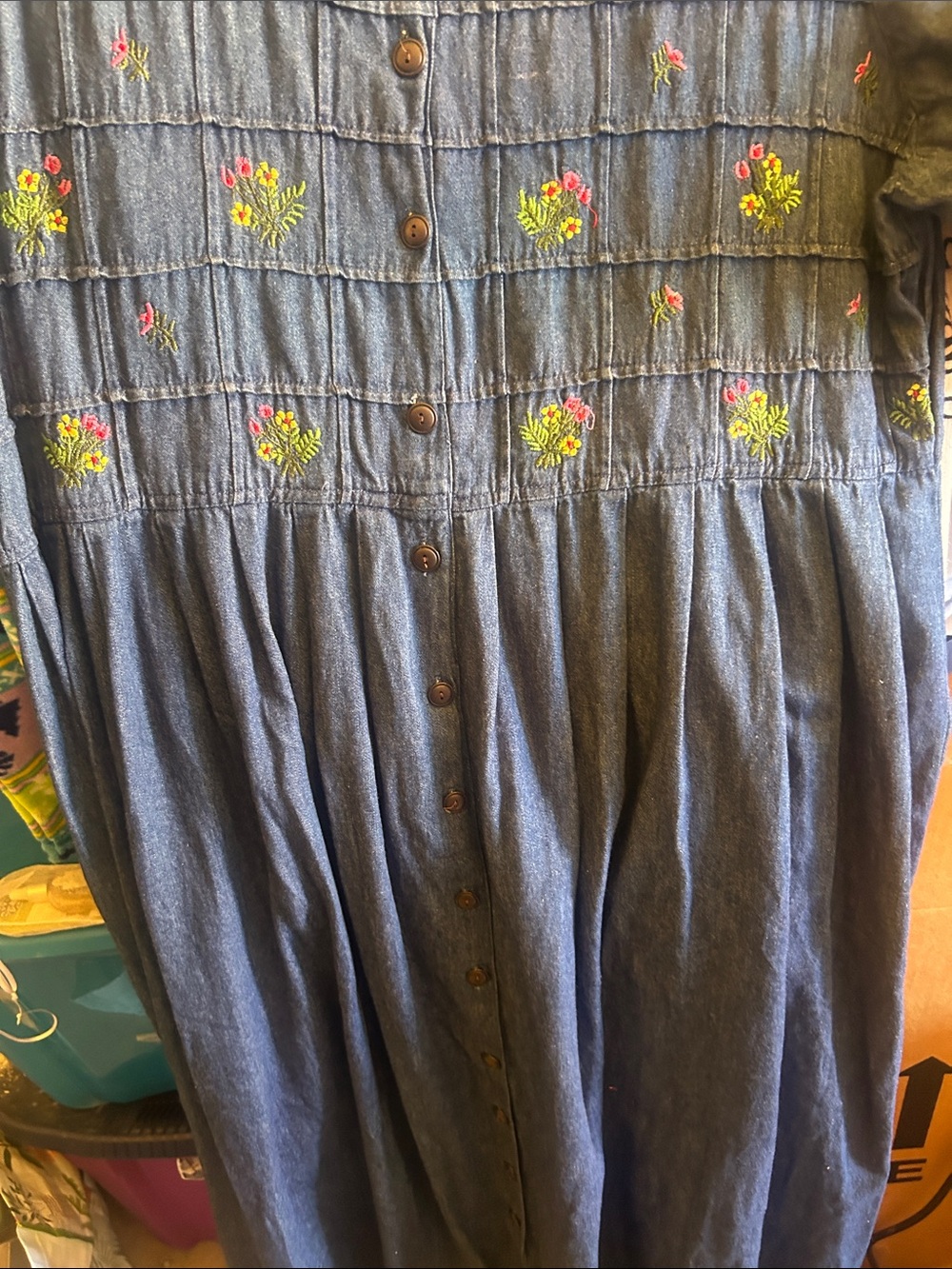 Vintage Venezia Blue Denim Button-Front Dress Floral Embroider size A8 cottage - Picture 3 of 5